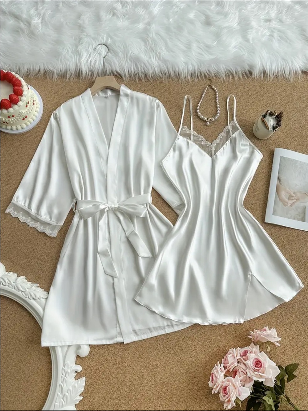 Elegant White Satin Lace Chemise & Robe Set